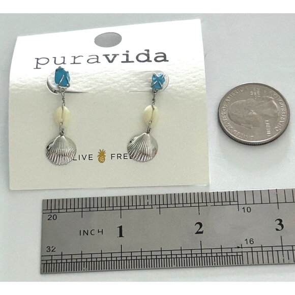 Pura Vida Cancun Dangle Earrings Turquoise Shell Design Sterling Silver Posts - Picture 2 of 3